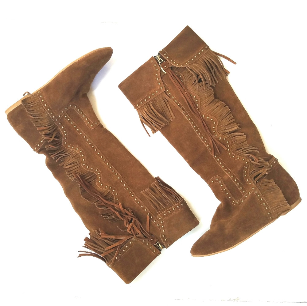 Jeffrey Campbell Brown Suede Fringe Studded Boots